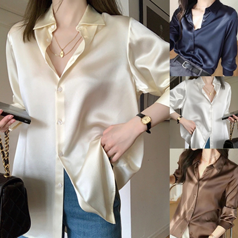 Laterme 10 สี S-2XL เสื้อเชิ้ตผ้าซาตินย่น สไตล์สำหรับผู้หญิง