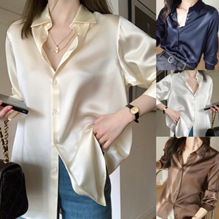 Laterme 10 สี S-2XL เสื้อเชิ้ตผ้าซาตินย่น สไตล์สำหรับผู้หญิง