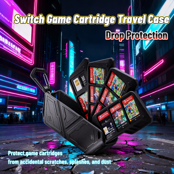 กล่องเก็บตลับเกมสวิตช์ 12 ช่องพร้อมที่วางการ์ดหน่วยความจําที่จับตามหลักสรีรศาสตร์และคาราไบเนอร์-กันตกกันฝุ่นพกพาสะดวกสําหรับกระเป๋าเป้สะพายหลัง/ส