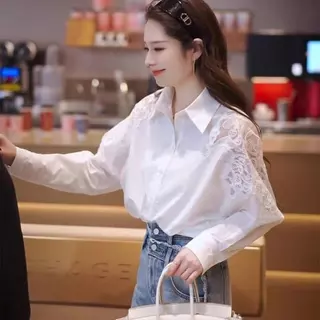 เสื้อแขนยาวสไตล์เกาหลีสำหรับผู้หญิง ผ้านุ่มลูกไม้ งานเย็บประณีต