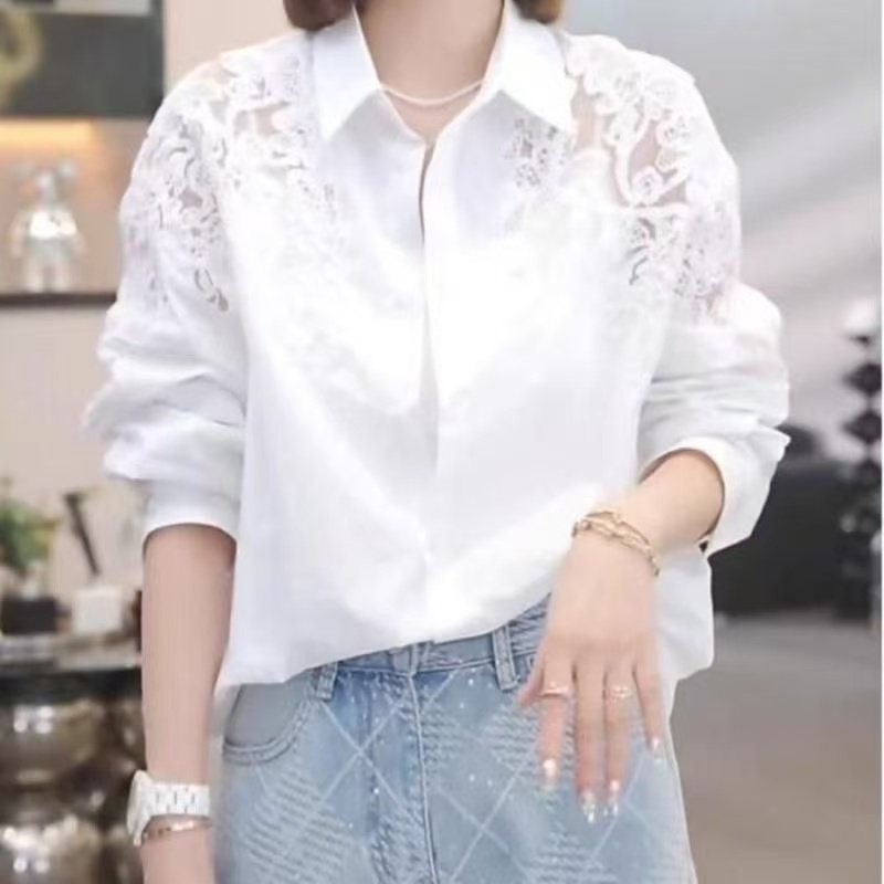 เสื้อแขนยาวสไตล์เกาหลีสำหรับผู้หญิง ผ้านุ่มลูกไม้ งานเย็บประณีต