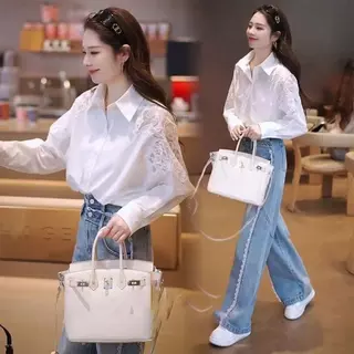 เสื้อแขนยาวสไตล์เกาหลีสำหรับผู้หญิง ผ้านุ่มลูกไม้ งานเย็บประณีต