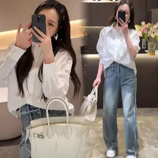 เสื้อแขนยาวสไตล์เกาหลีสำหรับผู้หญิง ผ้านุ่มลูกไม้ งานเย็บประณีต