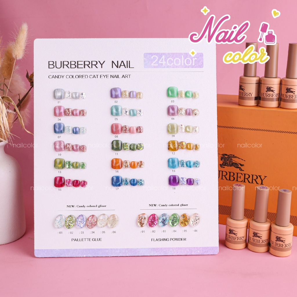 สต็อกพร้อม🇹🇭 ชุดแต่งเล็บ เบอร์เบอร์รี่ 24 สี (18 ดวงตาแมว+6 เลื่อม+ผงกลิตเตอร์ 6 ชิ้น) ฟรีกระดานสี+กล่องของขวัญสีส้ม กาวตาแมว กาวกากเพชร กาวเลื่อม