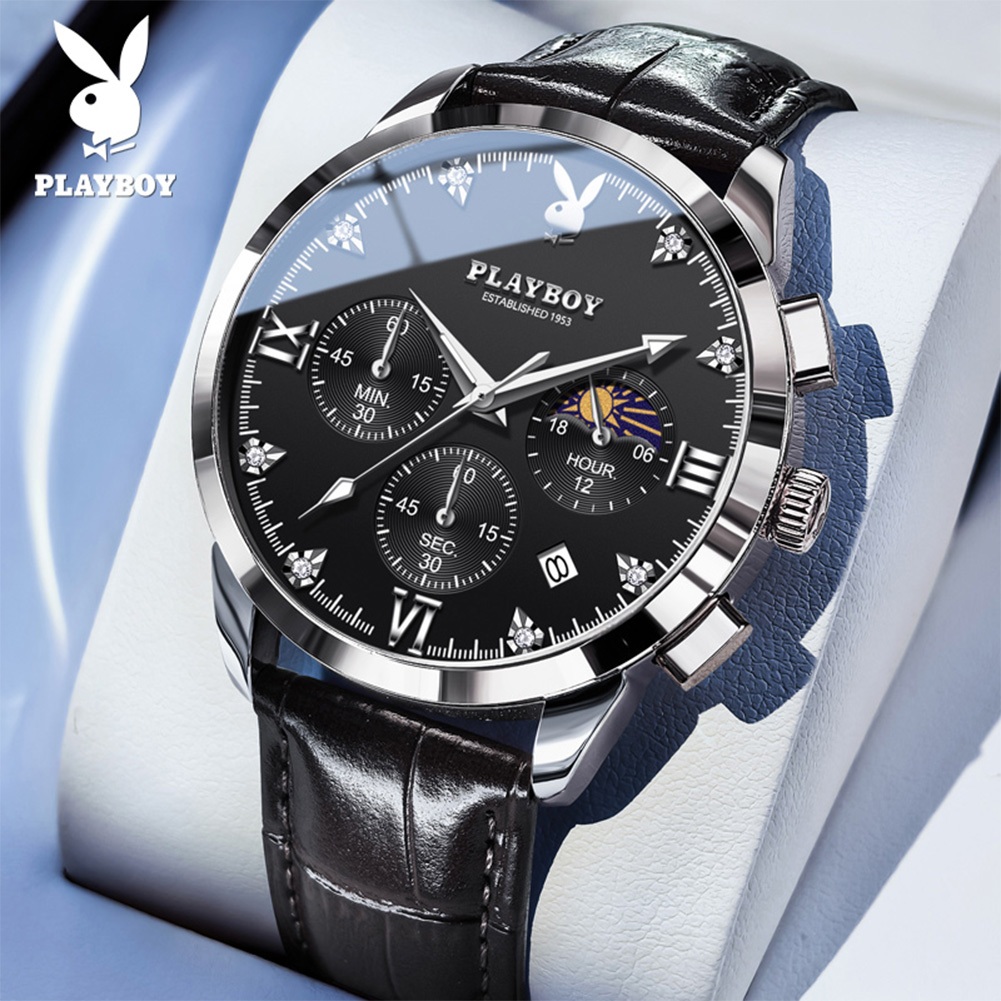 PLAYBOY 3035 ของแท้ 100% นาฬิกาสําหรับผู้ชายสไตล์ธุรกิจปฏิทินส่องสว่างผู้ชาย wathes สายหนังนาฬิกา