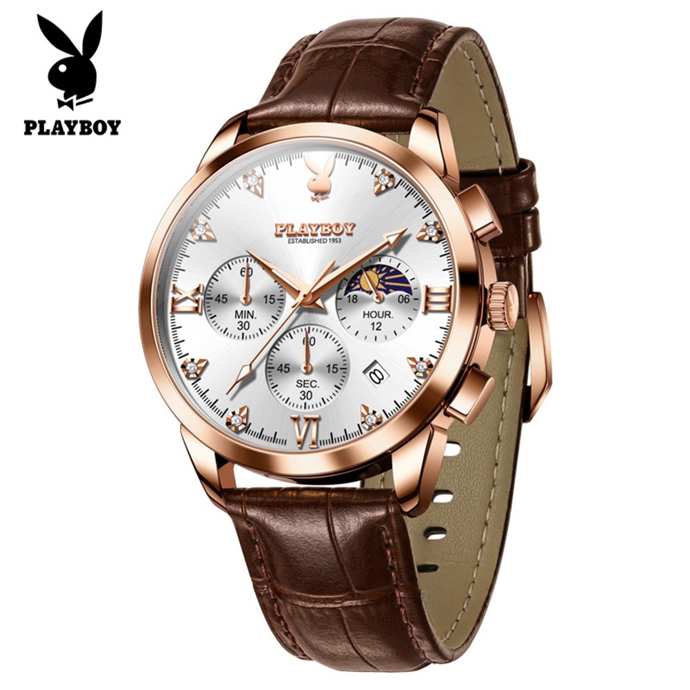 PLAYBOY 3035 เข็มขัดนาฬิกาควอทซ์ปฏิทินลําลองแฟชั่น All-Match นาฬิกาผู้ชาย (ฟรีกล่องนาฬิกาประณีต)