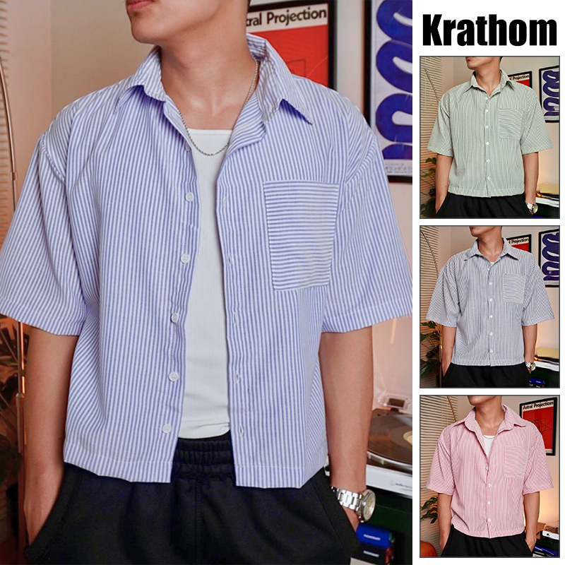 เสื้อเชิ้ตคอปกแขนสั้นลายทางสไตล์เกาหลี ทรงหลวมสำหรับลำลองและเหมาะสำหรับหลายโอกาส