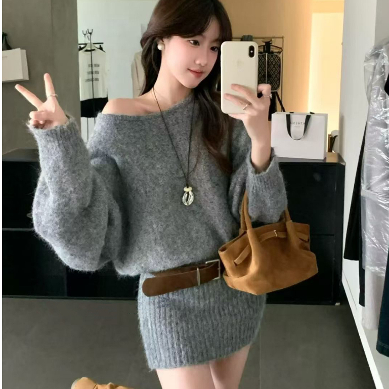 เสื้อกันหนาวถักสีทึบแบบแบนไหล่ สำหรับฤดูใบไม้ร่วงและหนาว