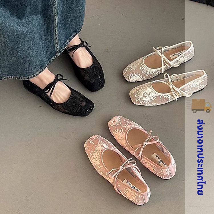 ผู้หญิงรองเท้าแบนโบว์ตาข่ายเลื่อมลูกไม้ระบายอากาศสบายนักเรียนแมรี่เจนรองเท้า