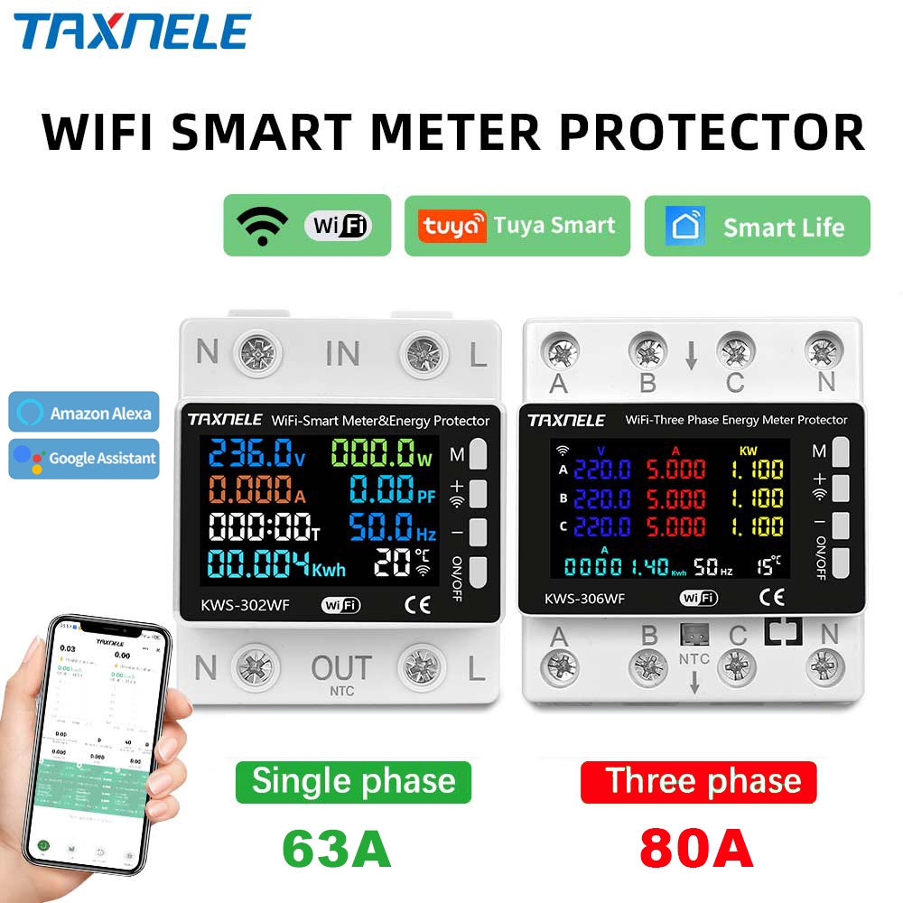 63a Tuya WIFI สมาร์ท Circuit Breaker Energy Meter KWh Power รีโมทคอนโทรลแรงดันไฟฟ้าปกป้อง Smart Life