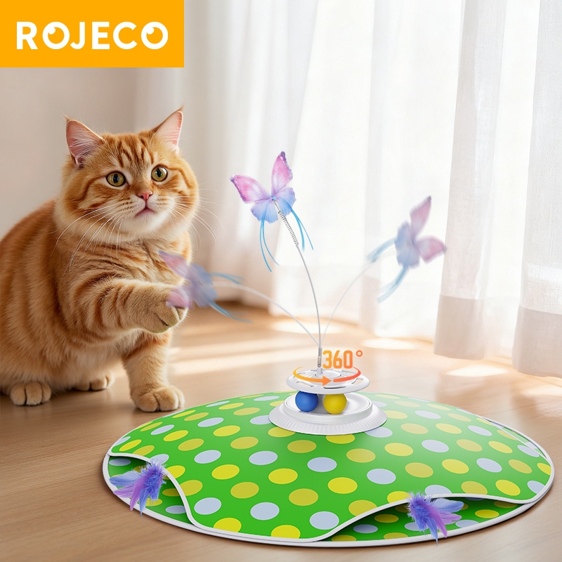 Rojeo ของเล่นแมวอัตโนมัติเต็มรูปแบบอัจฉริยะที่มีขนนกธรรมชาติสําหรับความบันเทิงด้วยตนเอง, ไม้ทีเซอร์แมว, ของเล่นลูกแมวแผ่นเสียงแมวสัตว์เลี้ยง