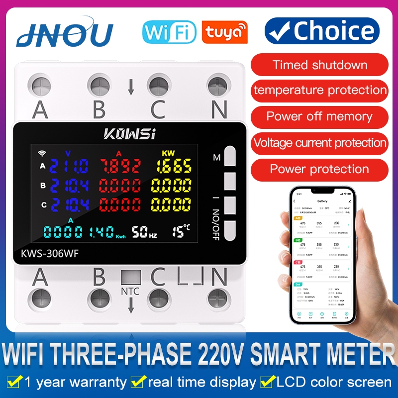 TUYA Wifi Power Energy Meter AC Monitor 85-290V 80A 3 เฟส 4 สาย DIN Rail ภายใต้แรงดันไฟฟ้า Protector