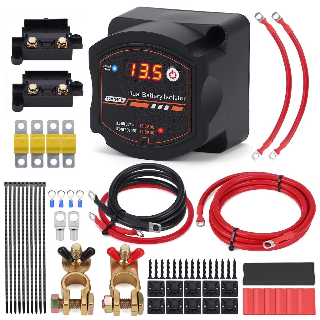 Universal Dual แบตเตอรี่ Isolator 12V 140Amp แบตเตอรี่ Isolator Kit, ฟิวส์แยกชาร์จรีเลย์, VSR แรงดันไฟฟ้า Sensitive Relay พร้อมจอแสดงผล LED แรงดันไฟฟ้า, เหมาะสําหรับรถบรรทุก, R