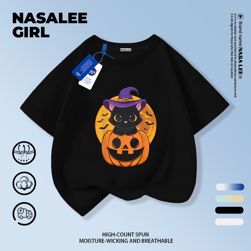 【จัดส่งวันเดียวกัน】เสื้อยืดเด็ก NASA สีดำ ผ้าฝ้ายระบายอากาศดี ลายแมวกับฟักทองฮาโลวีน ใส่ได้ทั้งเด็กชายเด็กหญิงอายุ 3-16 ปี