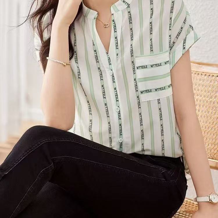 ลายทาง พิมพ์ , ลายตาราง แขนสั้น เสื้อเชิ้ต หญิง ฤดูร้อน สไตล์ใหม่ มีสไตล์ คอกลม ลําลอง