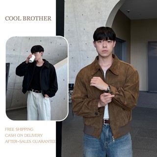 เสื้อแจ็คเก็ตสั้นซิปรุ่นคล้องไหล่ สไตล์เบสบอล สีน้ำตาลและดำ …