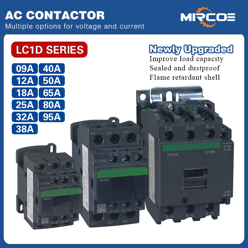 MIRCOE 9A ถึง 95A 220V AC Contactor LC1D สําหรับมอเตอร์คอมเพรสเซอร์สตาร์ทและแผงควบคุมไฟฟ้า