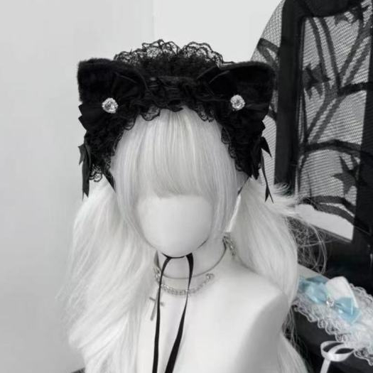 หูกระต่ายหัวใจ stone พลอยเทียม พร้อมโบว์ลูกไม้สไตล์ lolita เป็นอุปกรณ์ประดับผม