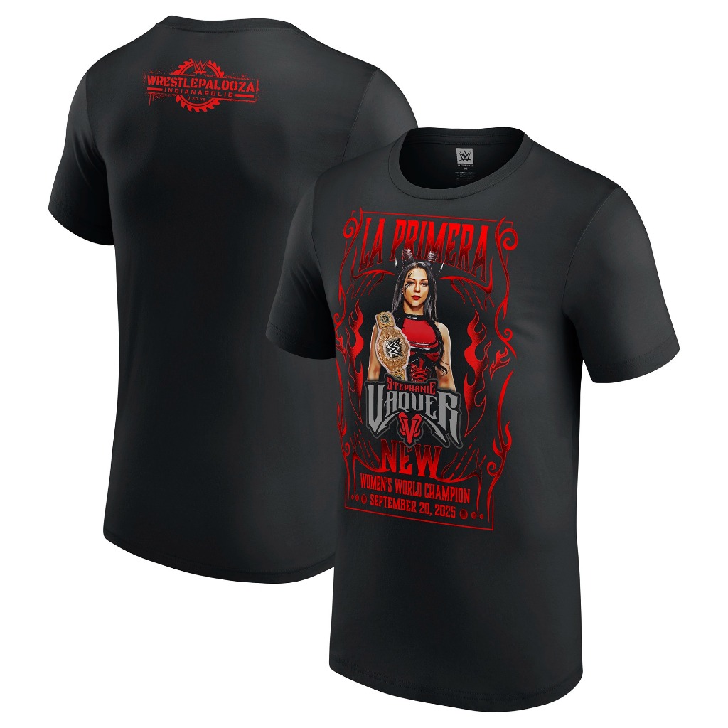 เสื้อยืดผู้ชายสีดำ ออกแบบโดย Stephanie Vaquer สำหรับ WrestlePalooza 2025
