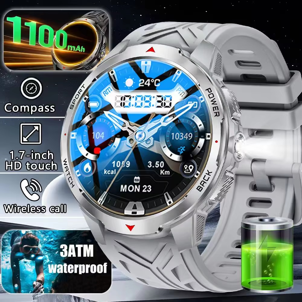 KT88 สมาร์ทวอท์ชไฟฉาย LED เข็มทิศกลางแจ้ง BT Calling Men Multi-Sports Fitness Tracker 1100Mah แบตเตอ