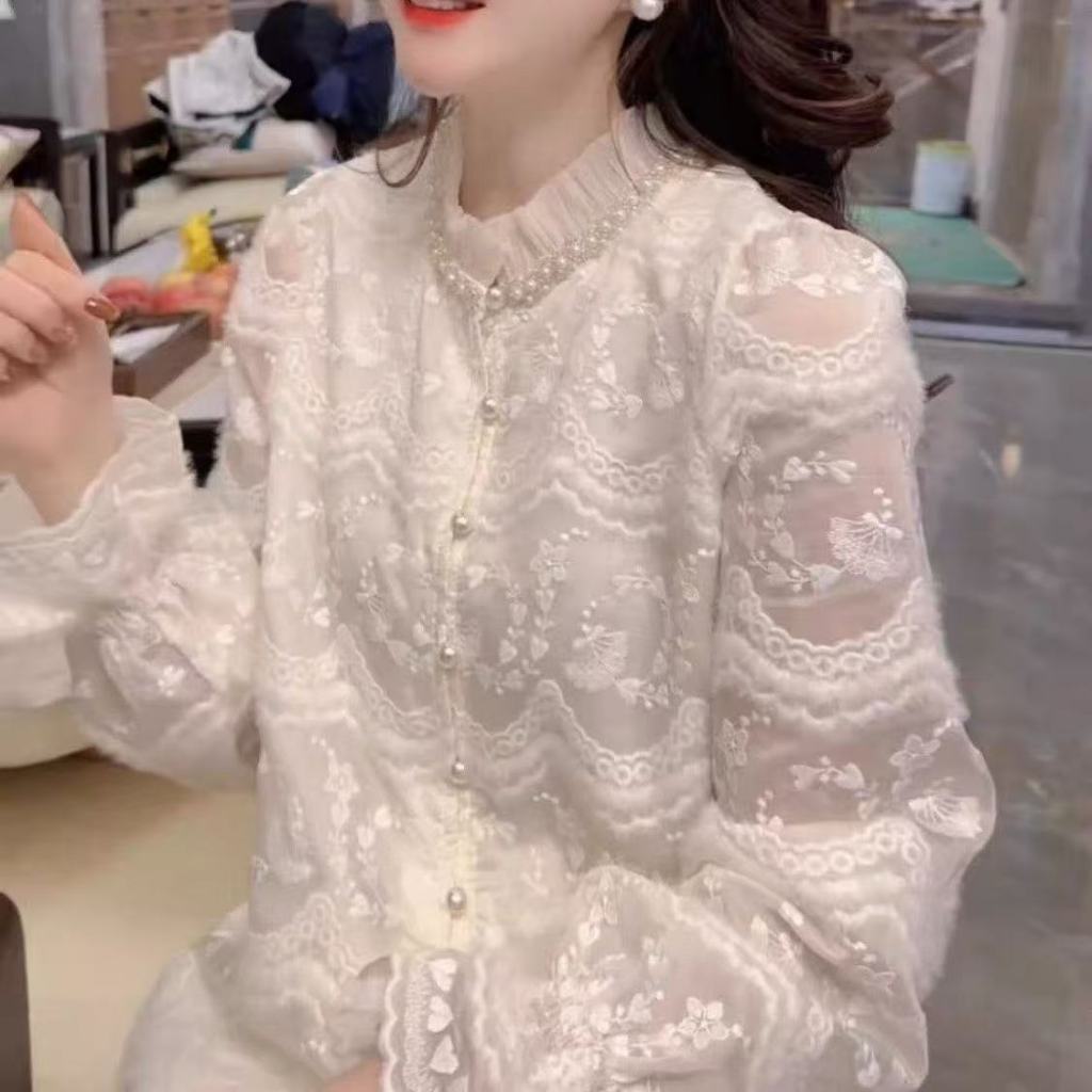 เสื้อแขนยาวสไตล์เกาหลีสำหรับผู้หญิง แบบลูกไม้โครเชต์ การแต่งกายที่นุ่มนวลและสวยงาม