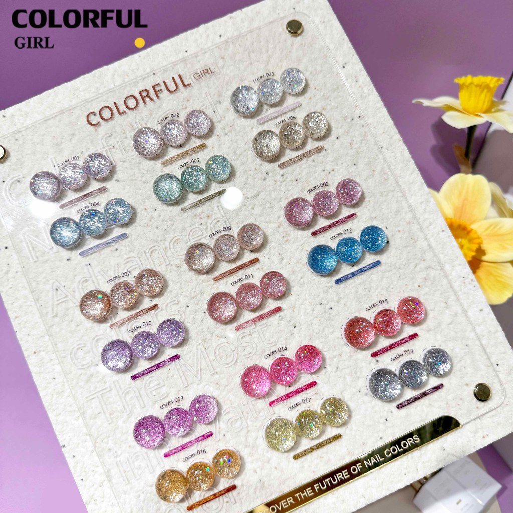 【พร้อมส่ง】สีสีเจล COLORFUL GIRL สีกากเพชร+เลเซอร์แฟลช 18 สี แถม ชาร์ทสี(COLORFUL GIRL) สีเจลแฟลช