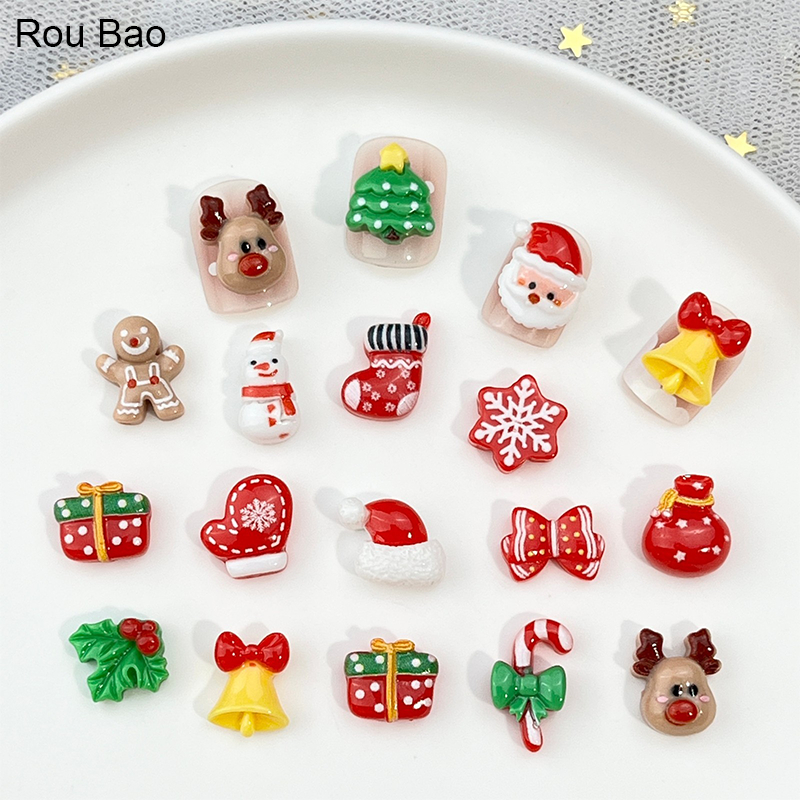 Rou Bao 50 ชิ้นเล็บชุดคริสต์มาสการ์ตูน Santa Claus Snowman Elk เรซิ่นเล็บ Art DIY Charms ตกแต่ง