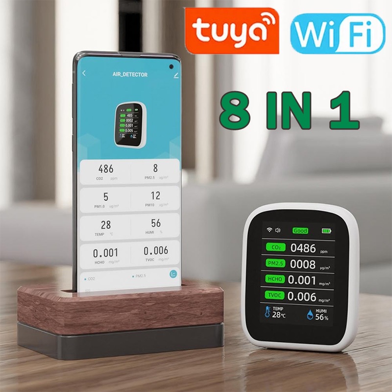 คุณภาพสูง ทบทวนบันทึก 7 วัน PM2.5 APP Tuya WiFi ทดสอบคุณภาพอากาศ 8 ใน 1 Air Quality Monitor CO2 ตรวจจับ 7 วันบันทึกย้อนหลังหน้าจอ LCD