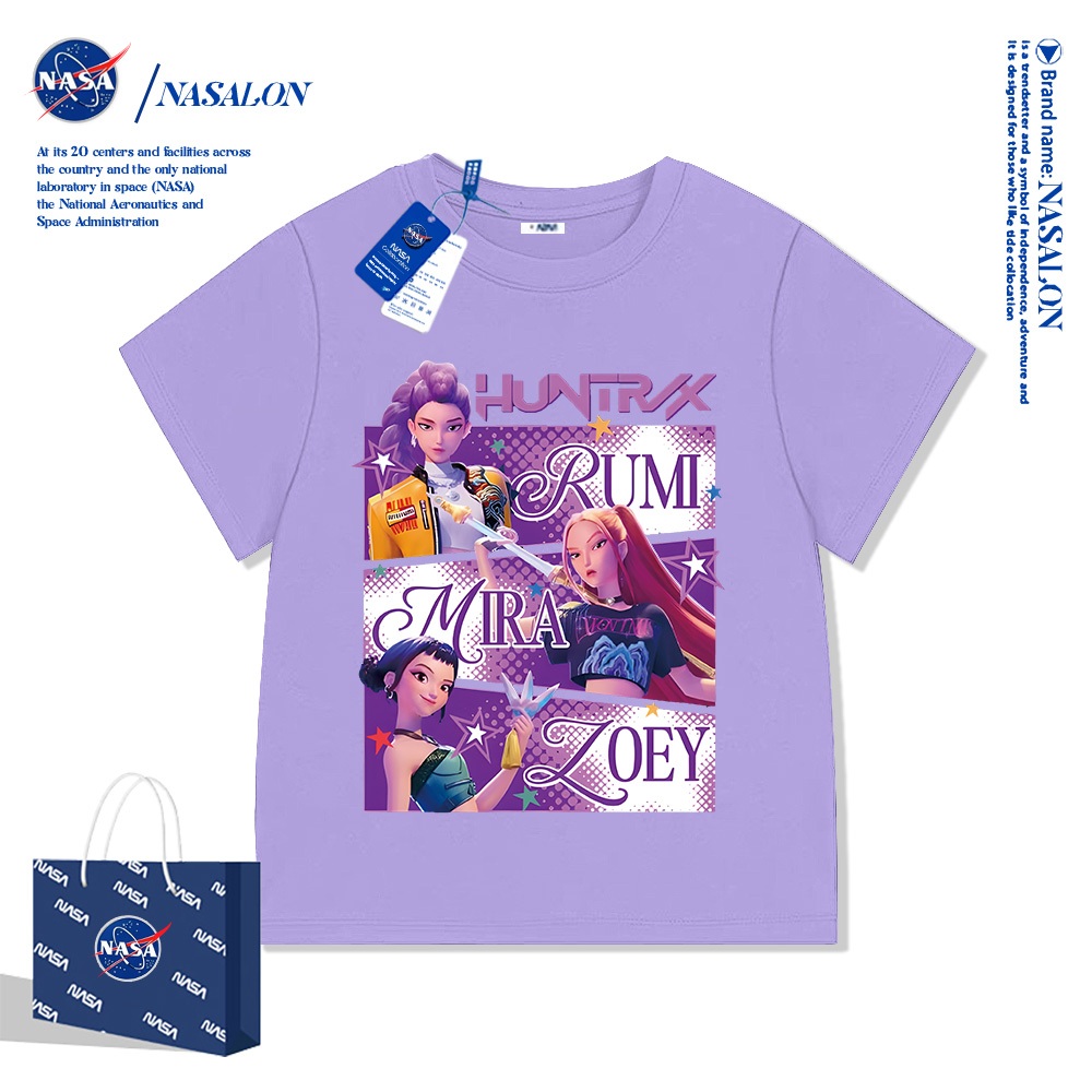 NASA เสื้อยืดเด็ก Huntrxลายการ์ตูน ผ้าฝ้าย 100% เสื้อเด็กผู้หญิง ทรงหลวม ใส่สบาย ระบายอากาศดี แฟชั่นสําหรับเด็ก