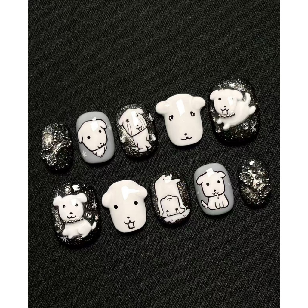 Ganadi เล็บสวมใส่เกราะสั้นสามมิติน่ารักวาดด้วยมือ