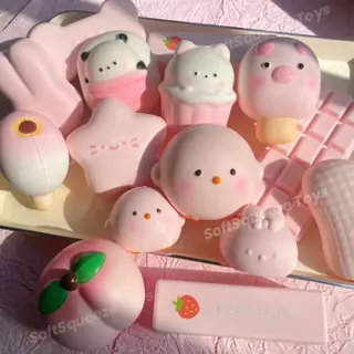สกุชชี่ ​​ของเล่นกดสีชมพูน่ารัก ของเล่นเด้งช้าหลังกด ของเล่น SoftSqueeze