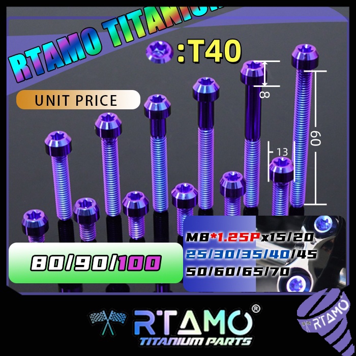 RTAMO Titanium Gr5 M8(#12)x10-100L 13D T30 Pillar Head Small Head M8