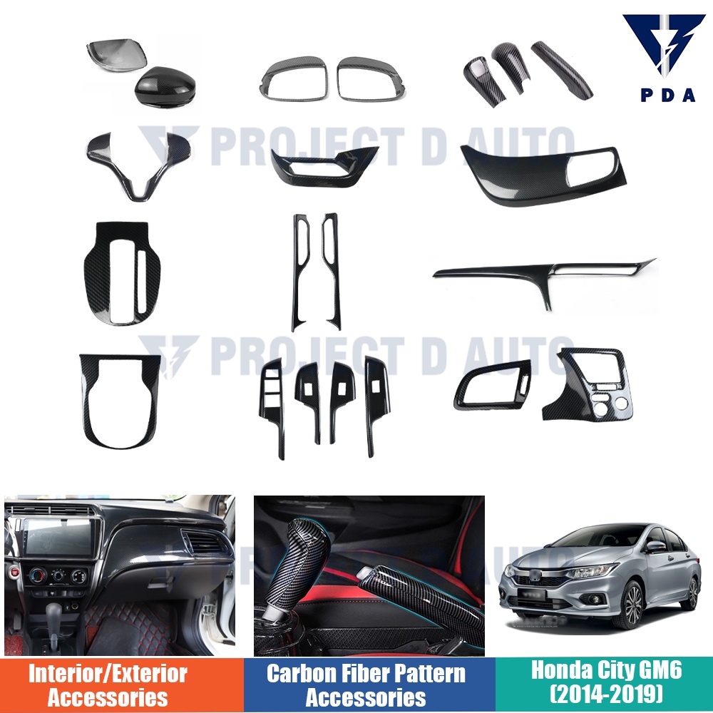 Honda City(2014-2020)ฝาครอบพวงมาลัย ฝาครอบสวิตช์กระจก คาร์บอนไฟเบอร์ สำหรับ Honda City (ปี 2014-2020) อุปกรณ์ตกแต่งรถยนต์ ป้องกันรอยขีดข่วนและการกัดกร่อน