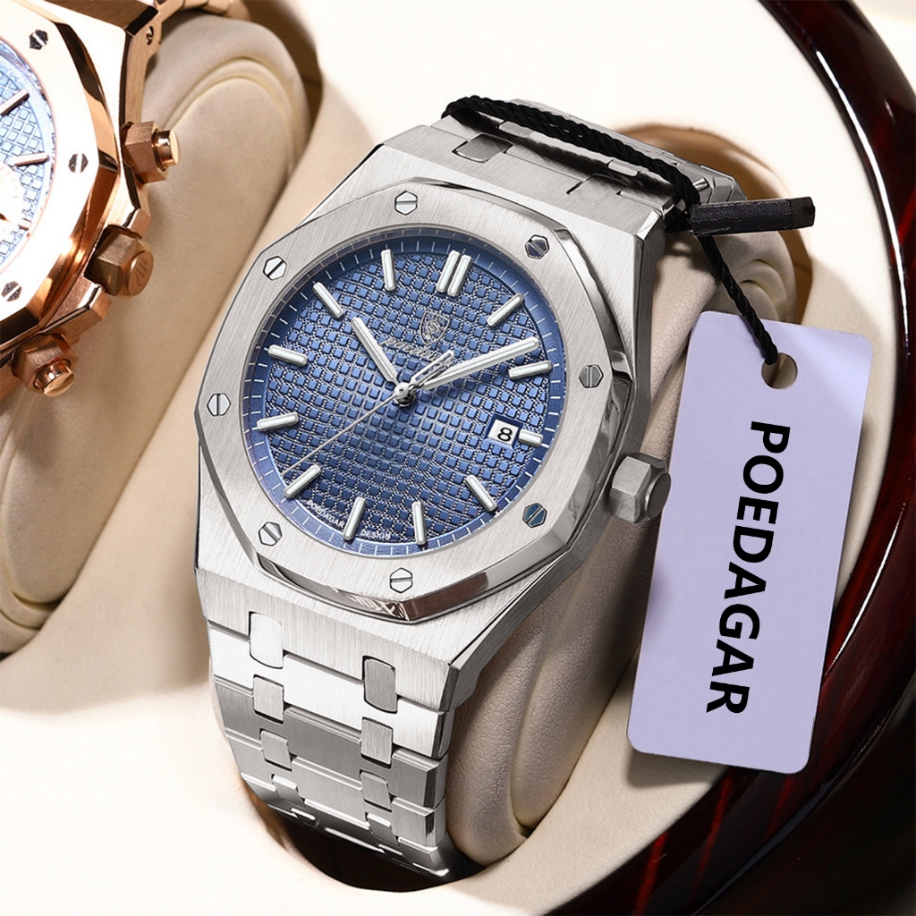 POEDAGAR Original Men นาฬิกากันน้ํา Luminous วันที่ธุรกิจ Man นาฬิกาข้อมือควอตซ์สแตนเลสนาฬิกาผู้ชายชาย