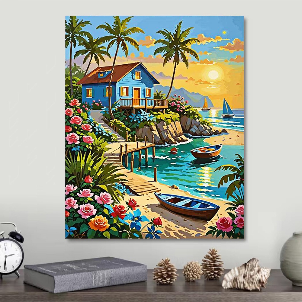 ภาพวาดDIY Canvas Beach House ระบายสีตามตัวเลข สำหรับตกแต่งห้องนั่งเล่น