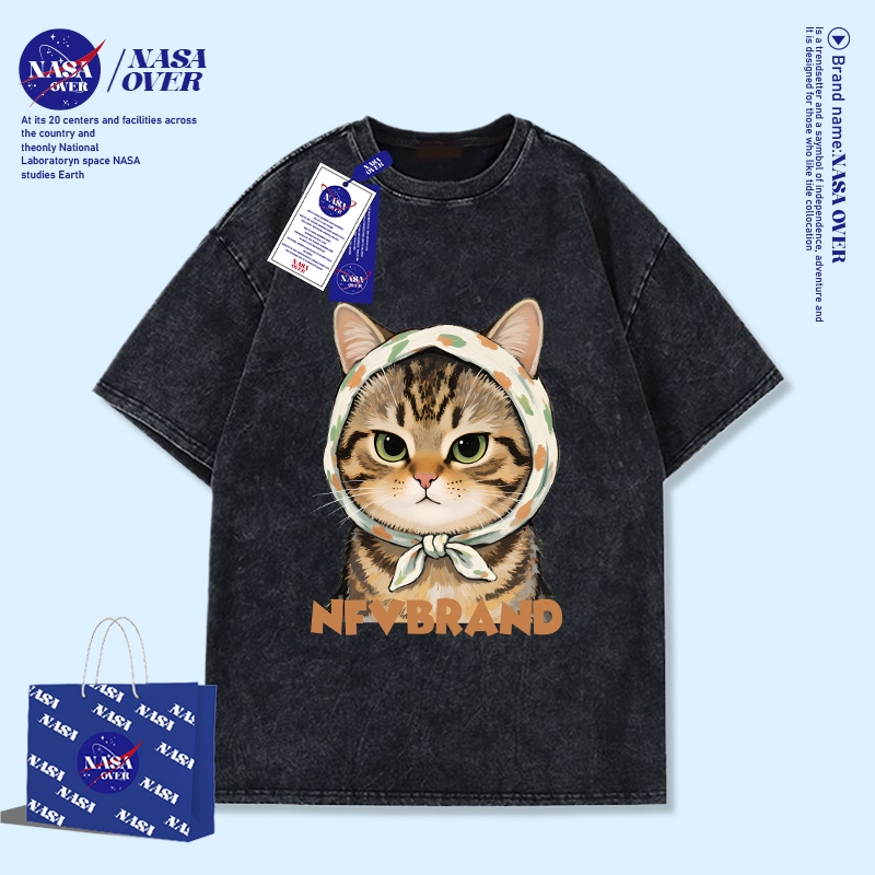 【พร้อมส่ง】🔥NASA ฤดูร้อน ผ้าฝ้ายแท้100% ยูนิเซ็กส์ วินเทจ ซักล้าง เสื้อ ลายแมว 🐱 ลำลอง หลวม คอกลม เสื้อยืดYG2903