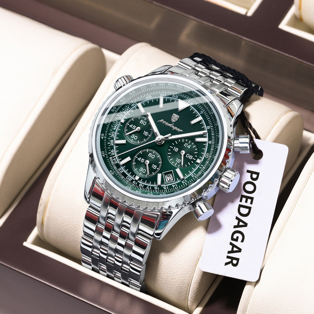 POEDAGAR ทหารหรูหราผู้ชายนาฬิกาส่องสว่างกันน้ํา Chronograph Date Man นาฬิกาข้อมือควอตซ์สแตนเลสนาฬิกาผู้ชาย