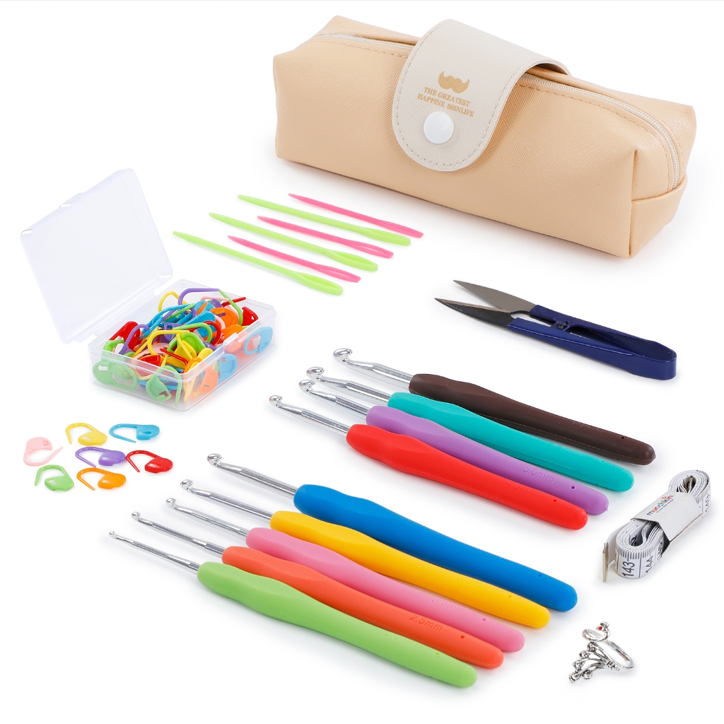 GNEGNI LIFE เข็มโครเชต์ ขนาด 2.0MM - 10.0MM มม ด้ามยาง ชุดตะขอโครเชต์, เครื่องมือถัก 90 ชิ้นพร้อมตะขอ, เข็ม, กรรไกร, ไม้บรรทัด แหวน