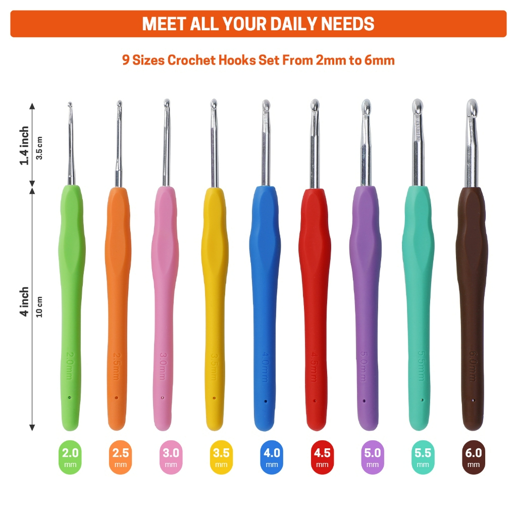 GNEGNI LIFE เข็มโครเชต์ ขนาด 2.0MM - 10.0MM มม ด้ามยาง ชุดตะขอโครเชต์, เครื่องมือถัก 90 ชิ้นพร้อมตะขอ, เข็ม, กรรไกร, ไม้บรรทัด แหวน - รูปที่ 2