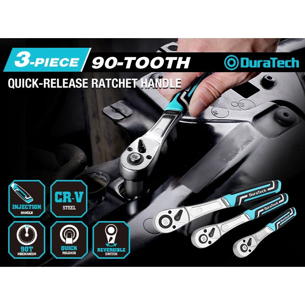 DURATECH วงล้อไดรฟ์ 1/4 นิ้ว, ประแจวงล้อแบบปลดเร็ว 90 ฟันพร้อมที่จับฉีดเบาะ, ประแจกระบอกด้ามจับนุ่มตามหลักสรีระศาสตร์ วงล้อ, กลับด้าน, ทําเหล็ก CR-V,CR-M