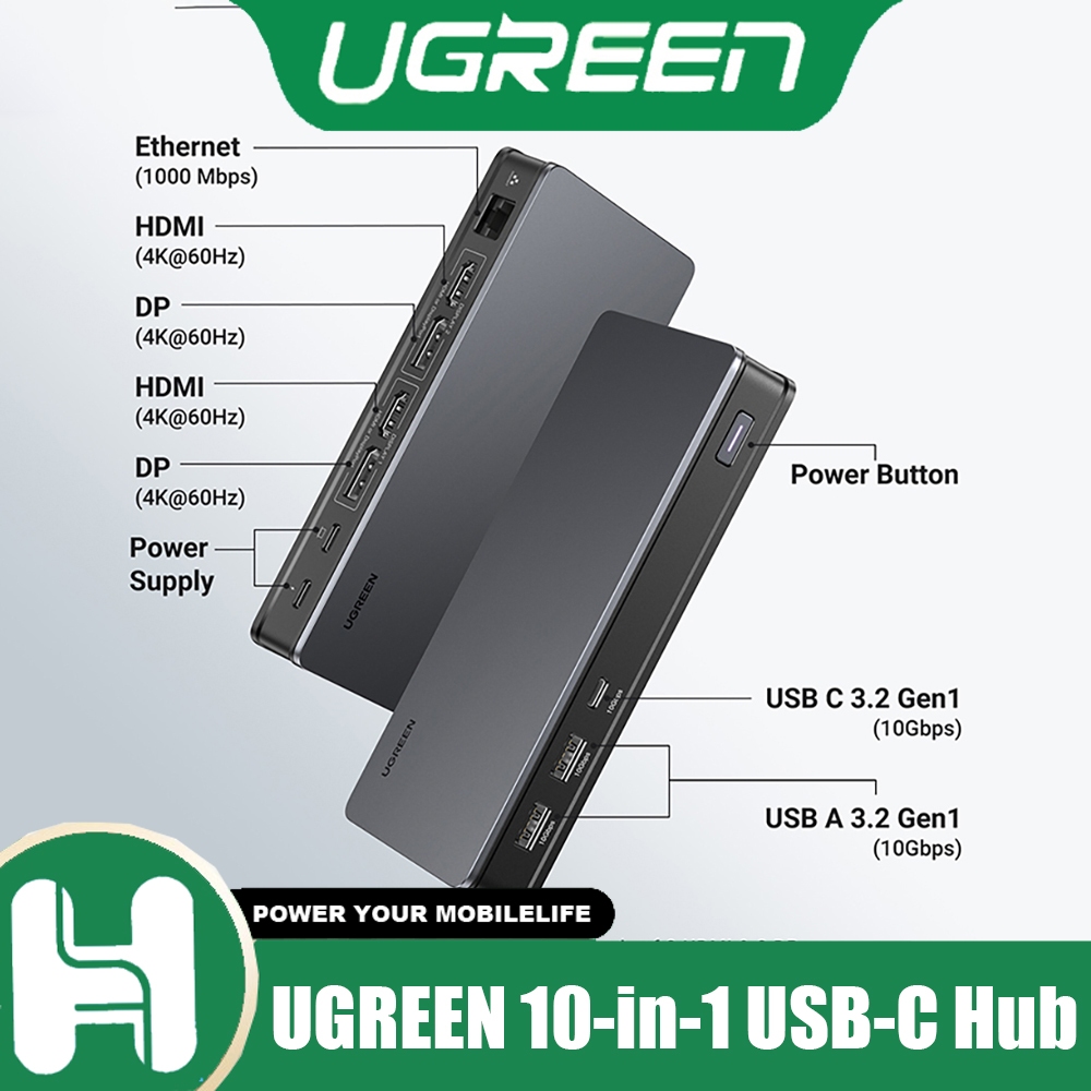 UGREEN สถานีเชื่อมต่อ USB-C 10-in-1 4K@60Hz HDMI DP 1000Mbps อีเธอร์เน็ต