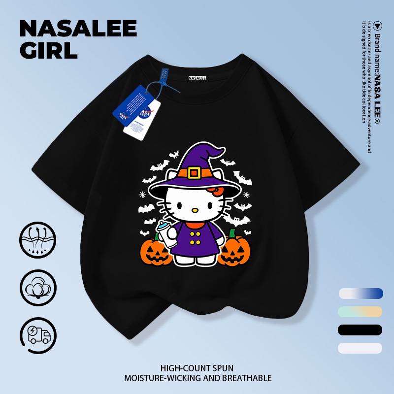 【จัดส่งวันเดียวกัน】เสื้อยืดเด็ก NASA สีดำ ผ้าฝ้ายระบายอากาศดี ลายเฮลโลคิตตี้แม่มดน้อย ฮาโลวีน ใส่ได้ทั้งเด็กชายเด็กหญิงอายุ 3-16 ปี