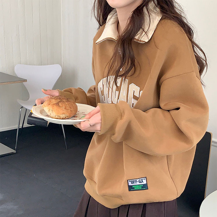 💜MISS SUMEY💜 ครึ่งซิป เสื้อสเวตเตอร์ ผู้หญิง สไตล์เกาหลี ปัก แขนยาว ลำลอง โอเวอร์ไซส์ ท็อป