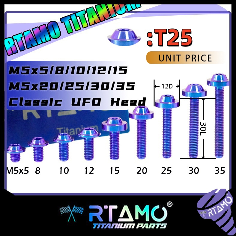 RTAMO Titanium Gr5 M5(#8)x5-60L T25 UFO Head Fit Body Cover Windshield Bolt