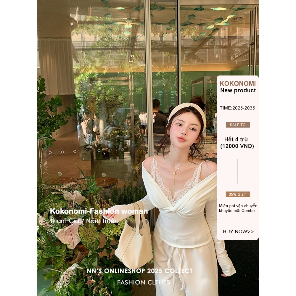 เสื้อยืดผู้หญิงฤดูใบไม้ร่วง แขนยาว ลายเย็บลูกไม้ปลอม สไตล์สลิมฟิต