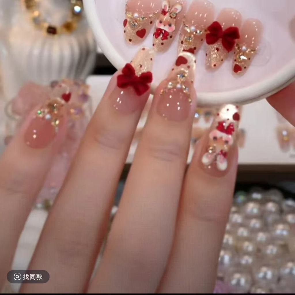 [Moon Rabbit Party] Handmade Wear Nails High-End Pure Desire French Cats Eye Velvet Bow Whitening Finger Nails