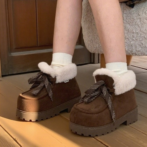 XIXITIAO Snow Boots หนา Soled ขนแกะอบอุ่นนักเรียนหญิงแฟชั่น Retro กลางแจ้งฤดูหนาว