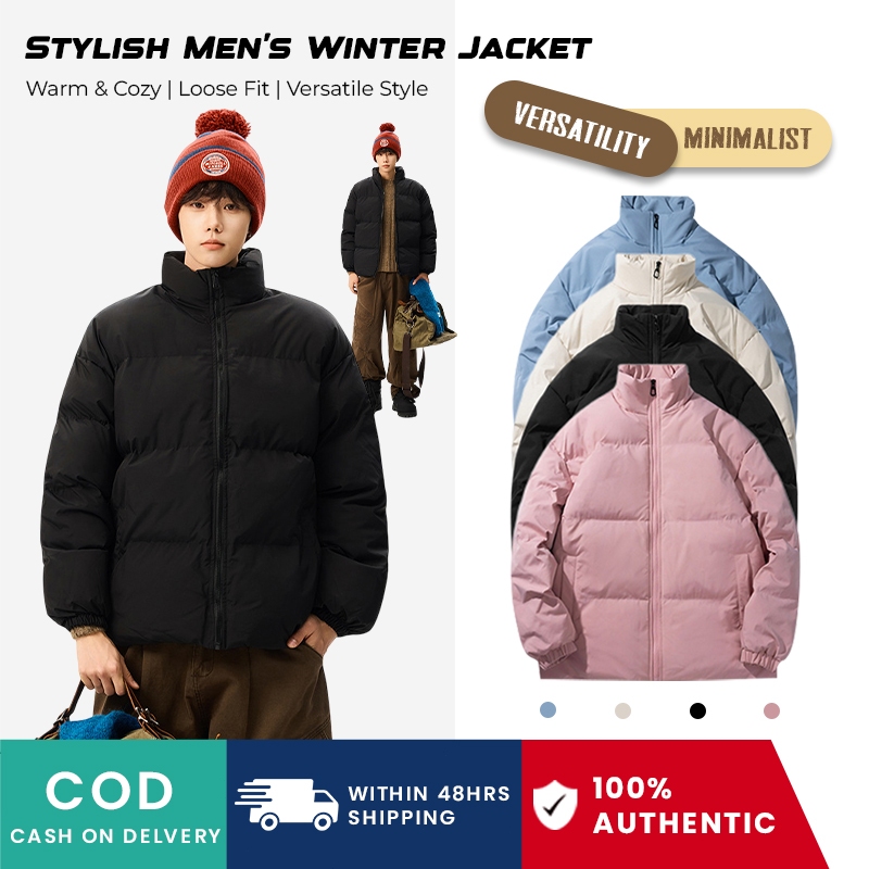 เสื้อโค้ทกันหนาวผ้าฝ้ายหนาสำหรับผู้ชาย ทรงตั้ง อบอุ่น แจ็คเก็ตลำลอง พลัสไซส์ สีพื้น