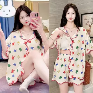 🔥พร้อมส่ง🔥ซตชุดนอน รูปแบบใหม่ แขนสั้น + กางเกงขาสั้น ผ้าเด้งนิ่ม สวมใส่สบาย ชุดนอน มีแผ่นรองหน้าอก