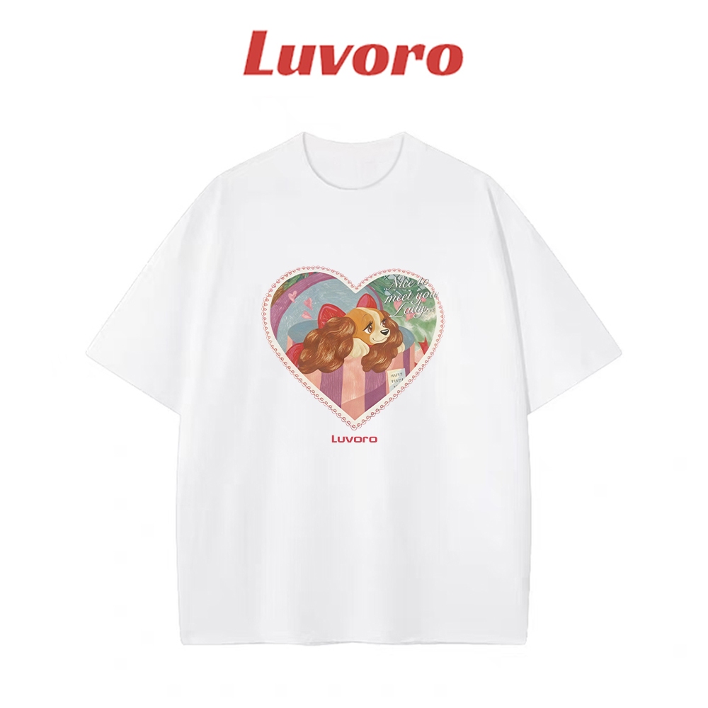 (Cotton 100%)Luvoro ลายลูกสุนัขรูปหัวใจ เสื้อยืดสีดำและขาว ไซส์บวก สำหรับผู้ชายและผู้หญิง จากผ้าฝ้ายแท้ 100% ออกแบบย้อนยุคกับรอบคอมากขึ้น C1626